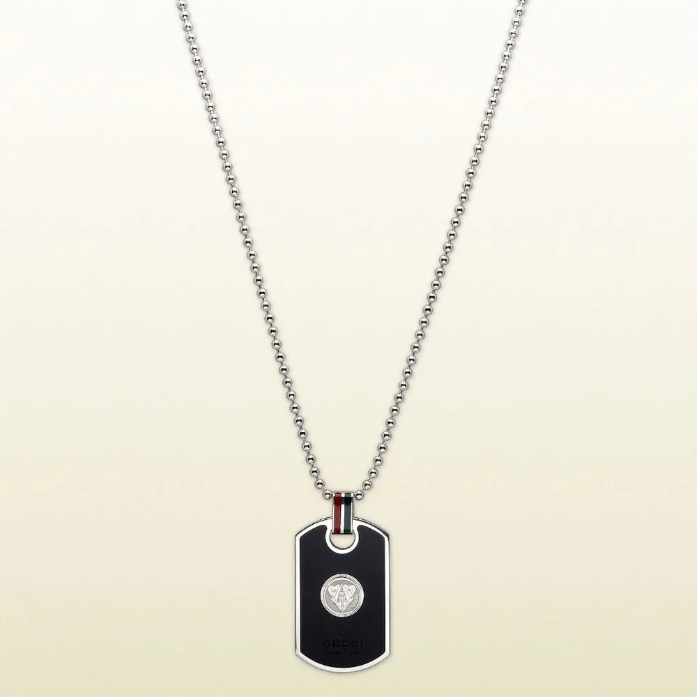 GUCCI NECKLACE SILVER .925 ENAMEL DOG TAG PENDANT WEB & HYSTERIA DETAIL - Picture 4 of 7